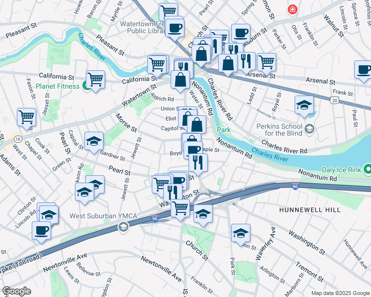 map of restaurants, bars, coffee shops, grocery stores, and more near in Watertown
