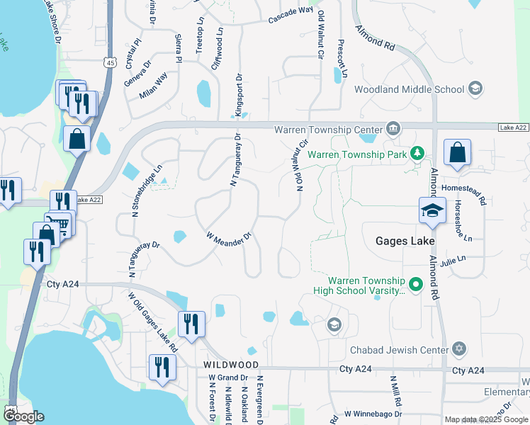 map of restaurants, bars, coffee shops, grocery stores, and more near 18227 Meander Drive in Grayslake