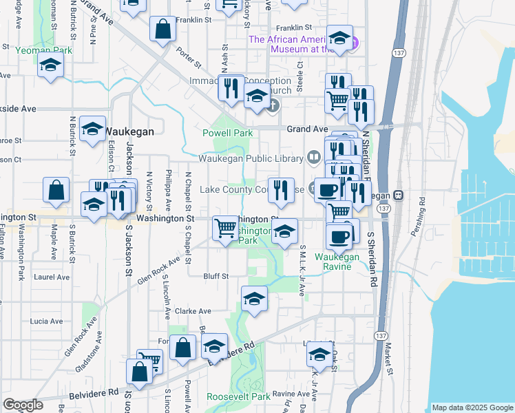 map of restaurants, bars, coffee shops, grocery stores, and more near 542 Washington Street in Waukegan