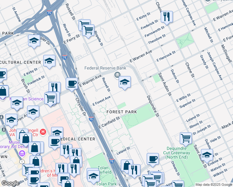 map of restaurants, bars, coffee shops, grocery stores, and more near 1460 East Forest Avenue in Detroit