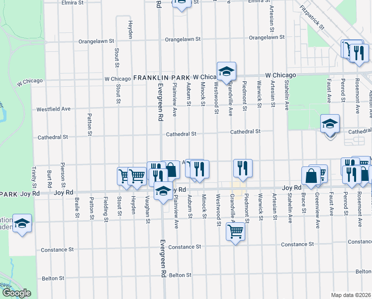 map of restaurants, bars, coffee shops, grocery stores, and more near 9051 Auburn Street in Detroit