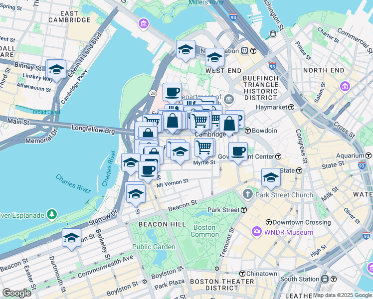 map of restaurants, bars, coffee shops, grocery stores, and more near 45 1/2 Garden Street in Boston