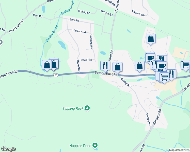 map of restaurants, bars, coffee shops, grocery stores, and more near 643 Boston Post Road in Sudbury
