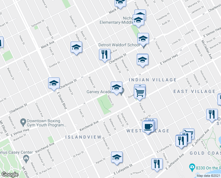 map of restaurants, bars, coffee shops, grocery stores, and more near 7829 East Vernor Highway in Detroit