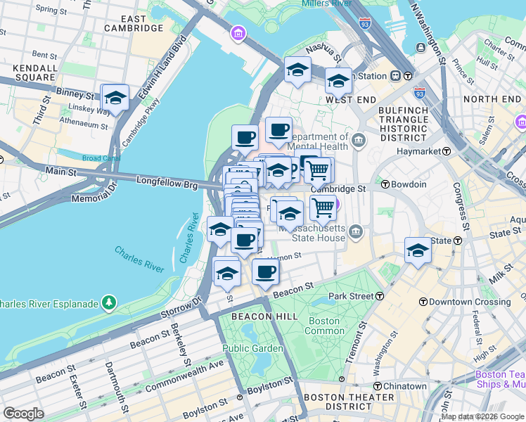 map of restaurants, bars, coffee shops, grocery stores, and more near 67 West Cedar Street in Boston