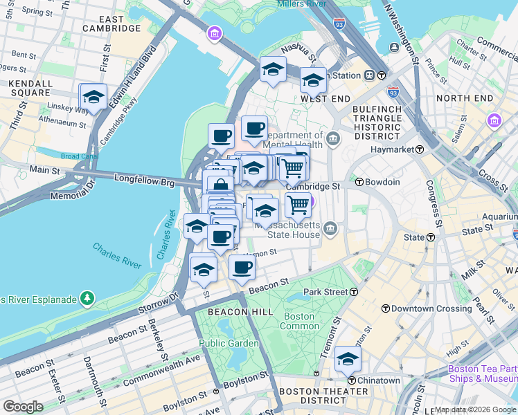 map of restaurants, bars, coffee shops, grocery stores, and more near in Boston