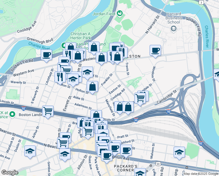 map of restaurants, bars, coffee shops, grocery stores, and more near 40 Bayard Street in Boston