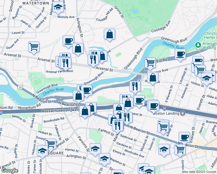 map of restaurants, bars, coffee shops, grocery stores, and more near 1715 Soldiers Field Road in Boston