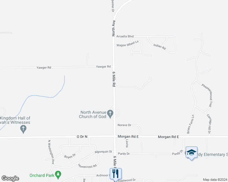 map of restaurants, bars, coffee shops, grocery stores, and more near 12181 6 Mile Road in Battle Creek