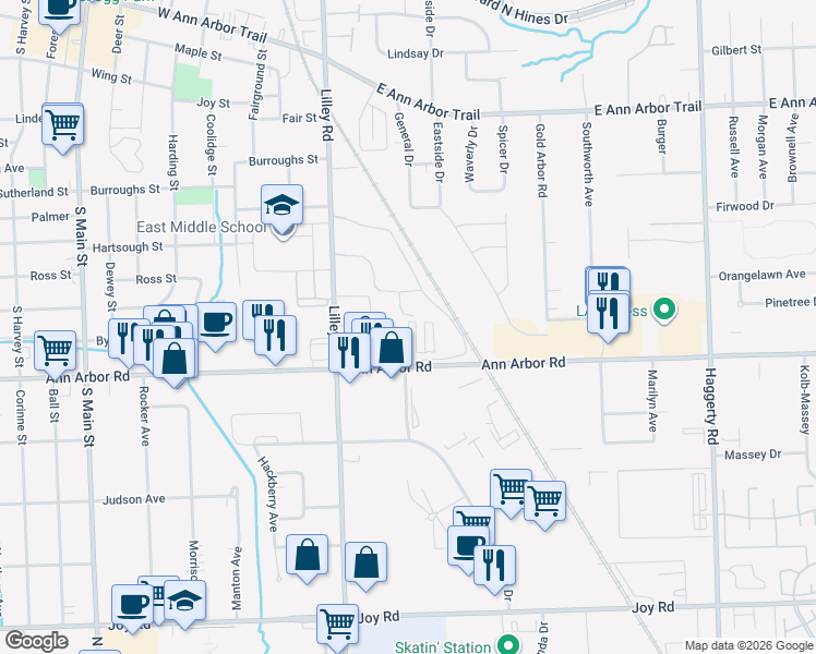 map of restaurants, bars, coffee shops, grocery stores, and more near 42280 Ann Arbor Road in Plymouth