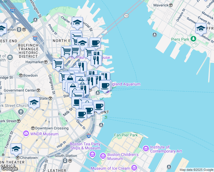 map of restaurants, bars, coffee shops, grocery stores, and more near 63 Long Wharf in Boston