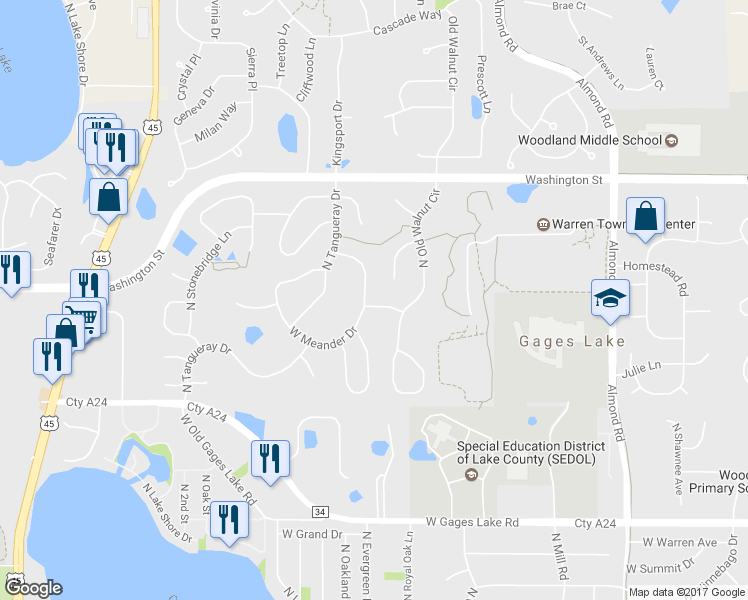 map of restaurants, bars, coffee shops, grocery stores, and more near 18227 Meander Drive in Grayslake
