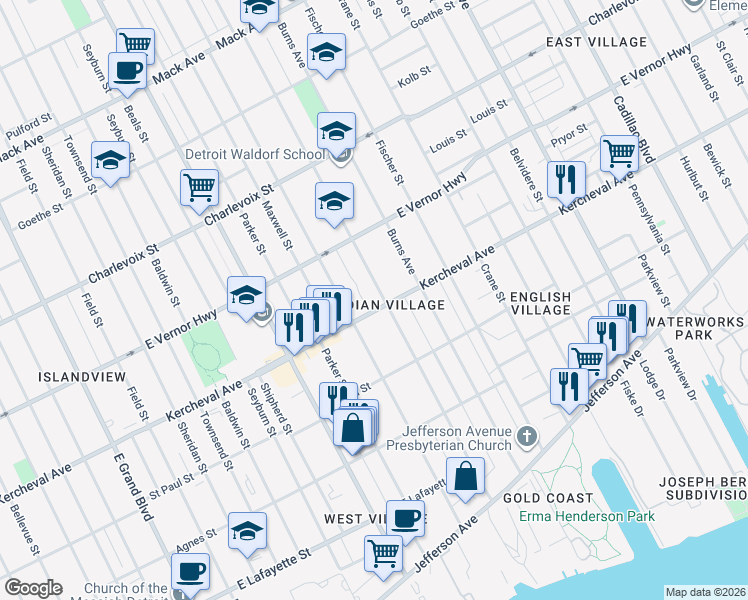map of restaurants, bars, coffee shops, grocery stores, and more near 2115 Iroquois Avenue in Detroit