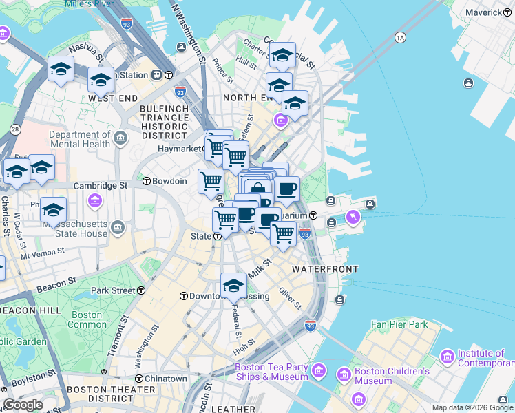 map of restaurants, bars, coffee shops, grocery stores, and more near 4 South Market Street in Boston