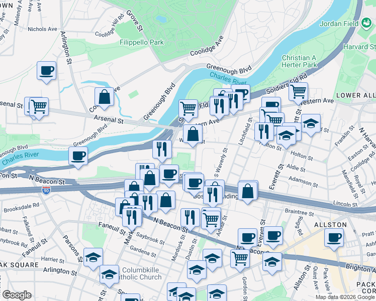 map of restaurants, bars, coffee shops, grocery stores, and more near 25-27 Lothrop Street in Boston
