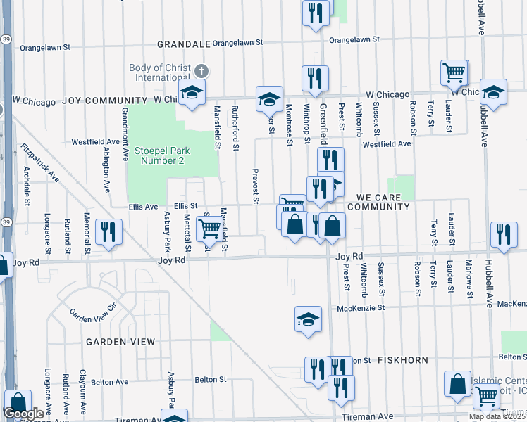 map of restaurants, bars, coffee shops, grocery stores, and more near 15811 Ellis Street in Detroit