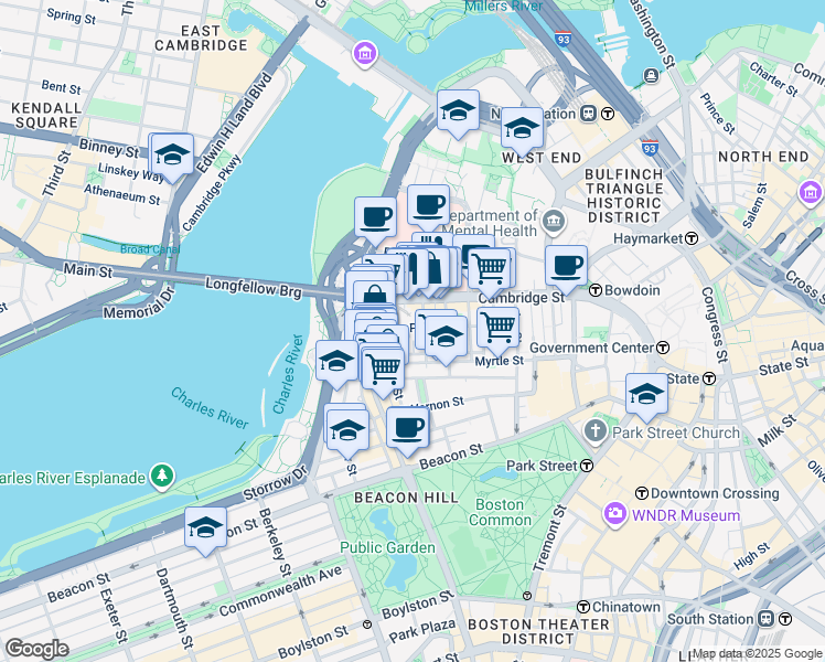 map of restaurants, bars, coffee shops, grocery stores, and more near 68 Phillips Street in Boston