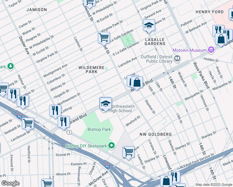 map of restaurants, bars, coffee shops, grocery stores, and more near 2257 West Grand Boulevard in Detroit