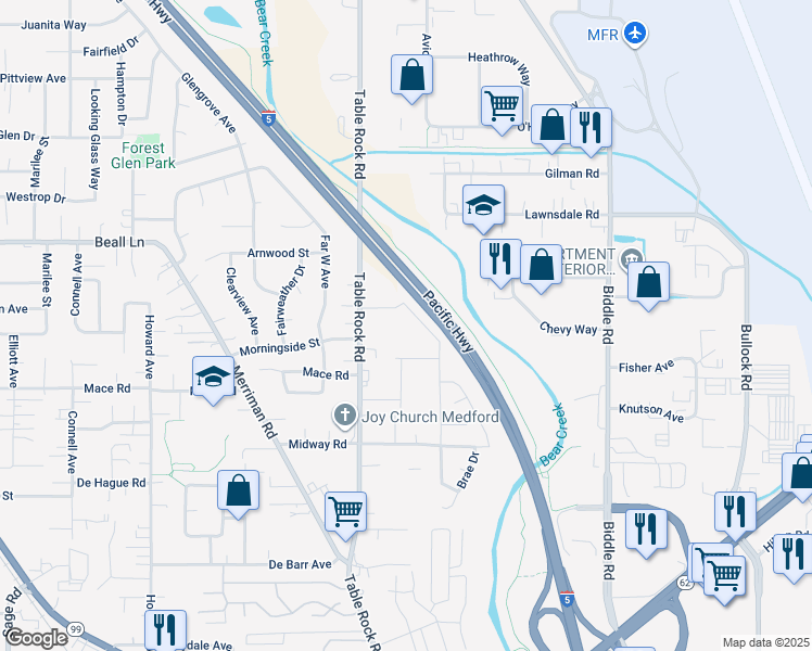 map of restaurants, bars, coffee shops, grocery stores, and more near 3001 Cummings Road in Medford