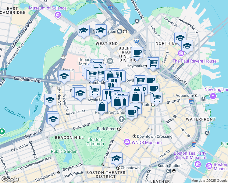 map of restaurants, bars, coffee shops, grocery stores, and more near 12 Bowdoin Street in Boston