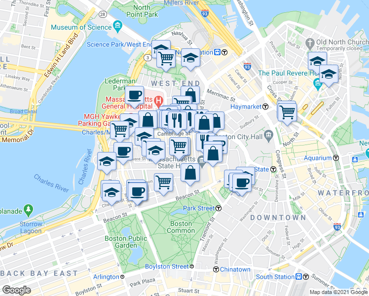 map of restaurants, bars, coffee shops, grocery stores, and more near 72 Joy Street in Boston