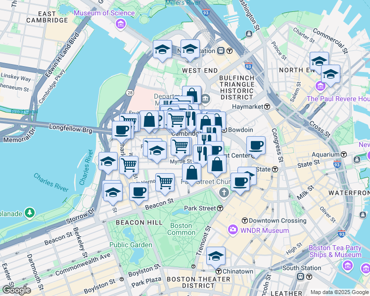 map of restaurants, bars, coffee shops, grocery stores, and more near 72 Joy Street in Boston