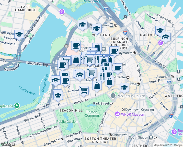 map of restaurants, bars, coffee shops, grocery stores, and more near 72 Joy Street in Boston