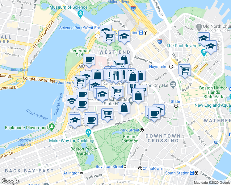 map of restaurants, bars, coffee shops, grocery stores, and more near 72 Joy Street in Boston