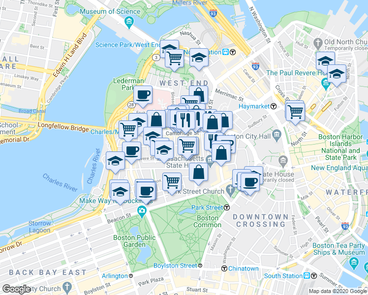 map of restaurants, bars, coffee shops, grocery stores, and more near 72 Joy Street in Boston
