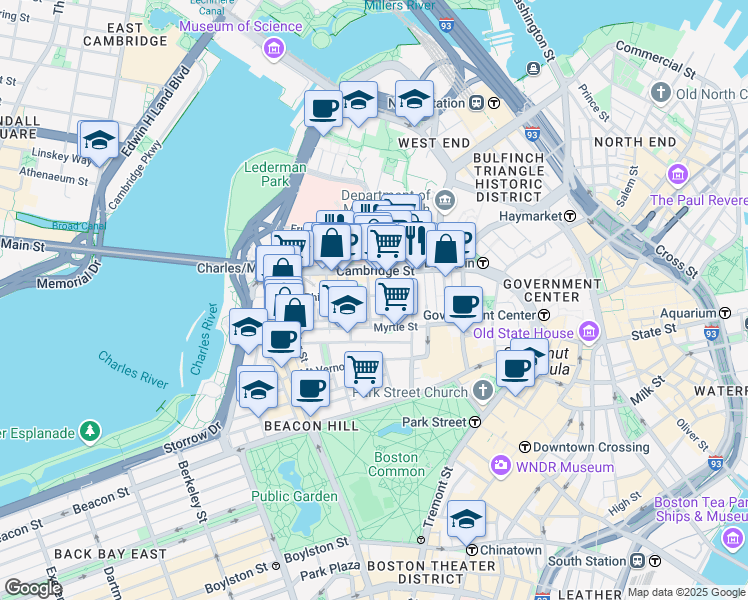 map of restaurants, bars, coffee shops, grocery stores, and more near 45 1/2 Garden Street in Boston