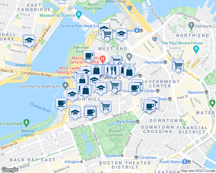 map of restaurants, bars, coffee shops, grocery stores, and more near 45 1/2 Garden Street in Boston