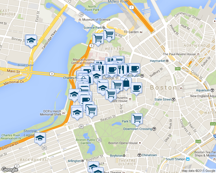 map of restaurants, bars, coffee shops, grocery stores, and more near 45 1/2 Garden Street in Boston