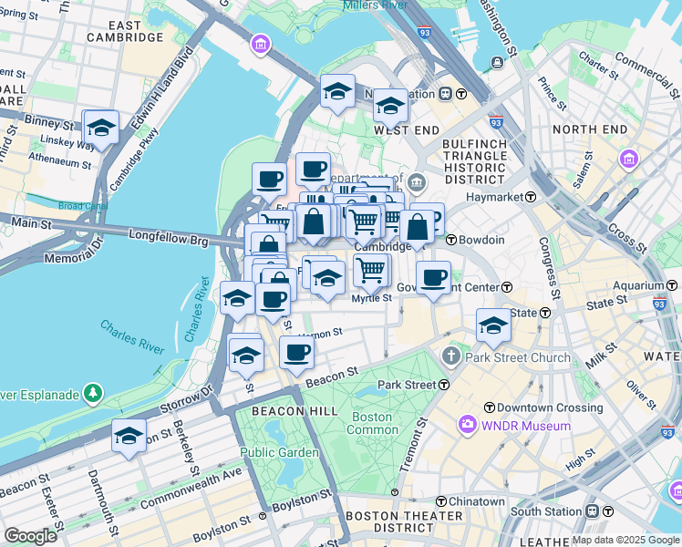 map of restaurants, bars, coffee shops, grocery stores, and more near 45 1/2 Garden Street in Boston