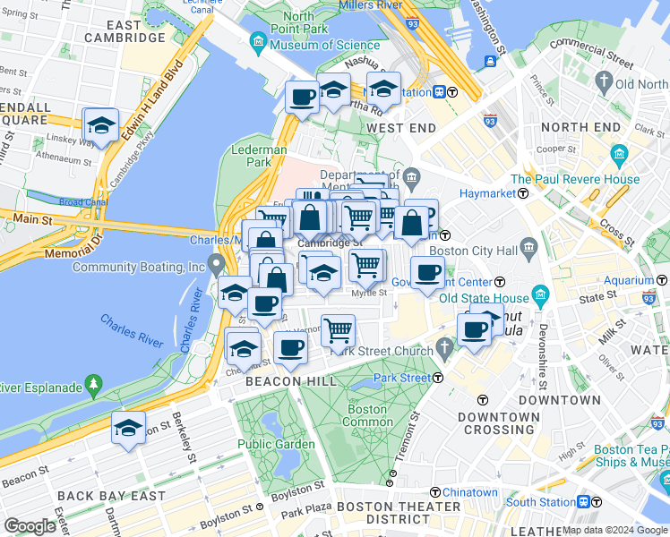 map of restaurants, bars, coffee shops, grocery stores, and more near 45 1/2 Garden Street in Boston