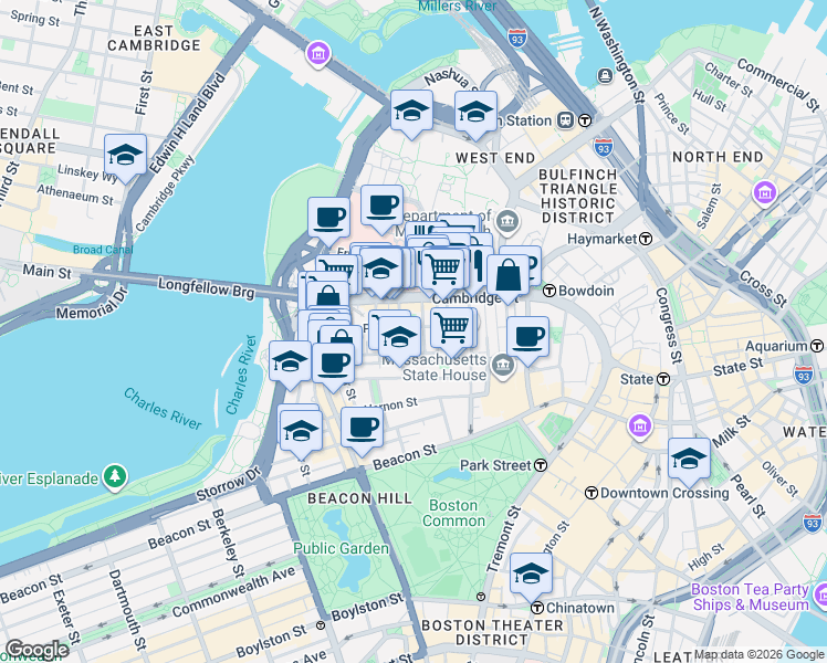 map of restaurants, bars, coffee shops, grocery stores, and more near 45 1/2 Garden Street in Boston