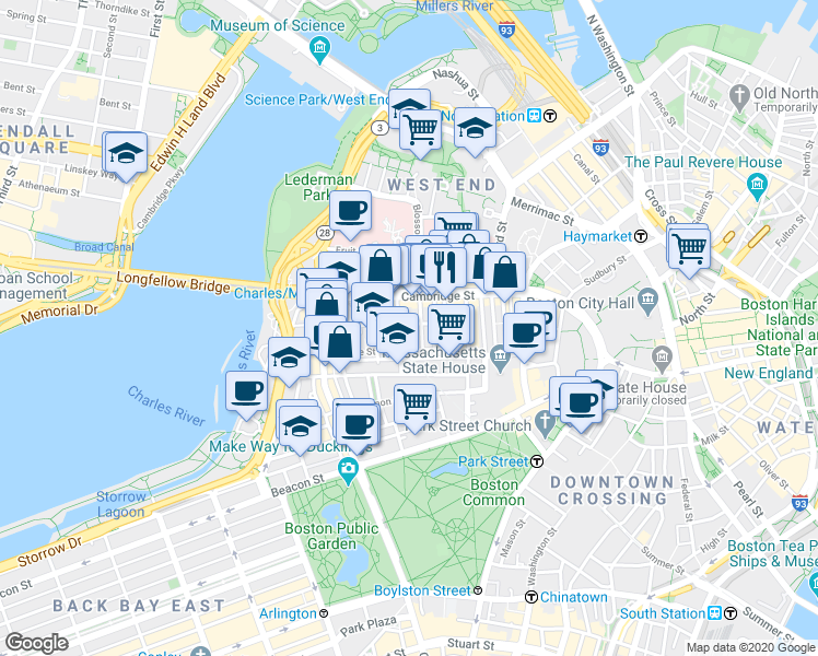 map of restaurants, bars, coffee shops, grocery stores, and more near 45 1/2 Garden Street in Boston