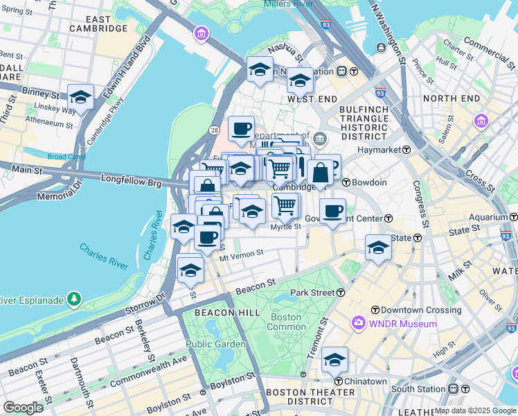map of restaurants, bars, coffee shops, grocery stores, and more near 45 1/2 Garden Street in Boston
