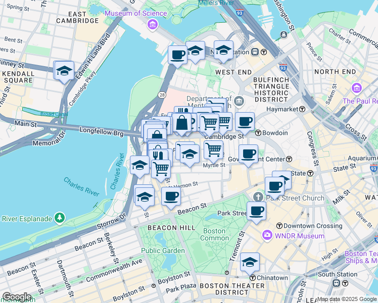 map of restaurants, bars, coffee shops, grocery stores, and more near in Boston