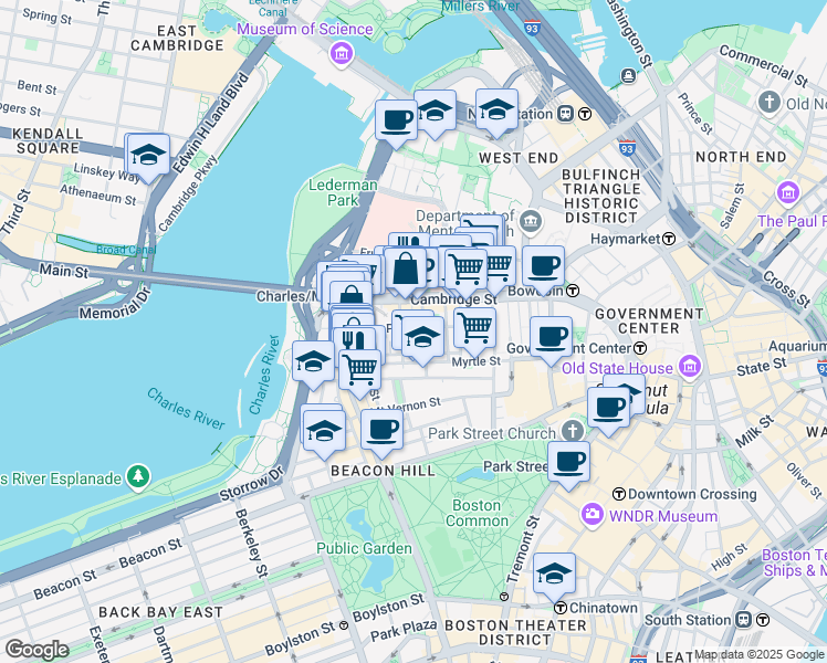 map of restaurants, bars, coffee shops, grocery stores, and more near in Boston