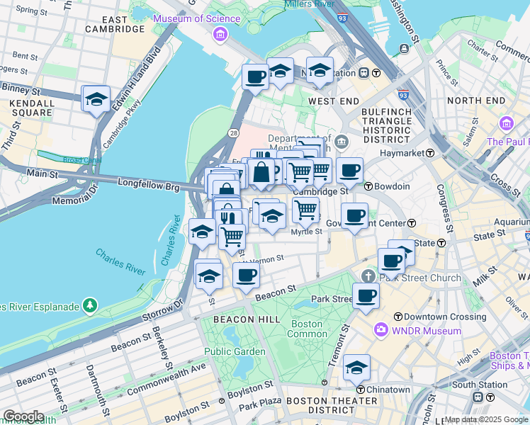 map of restaurants, bars, coffee shops, grocery stores, and more near 34 Grove Street in Boston