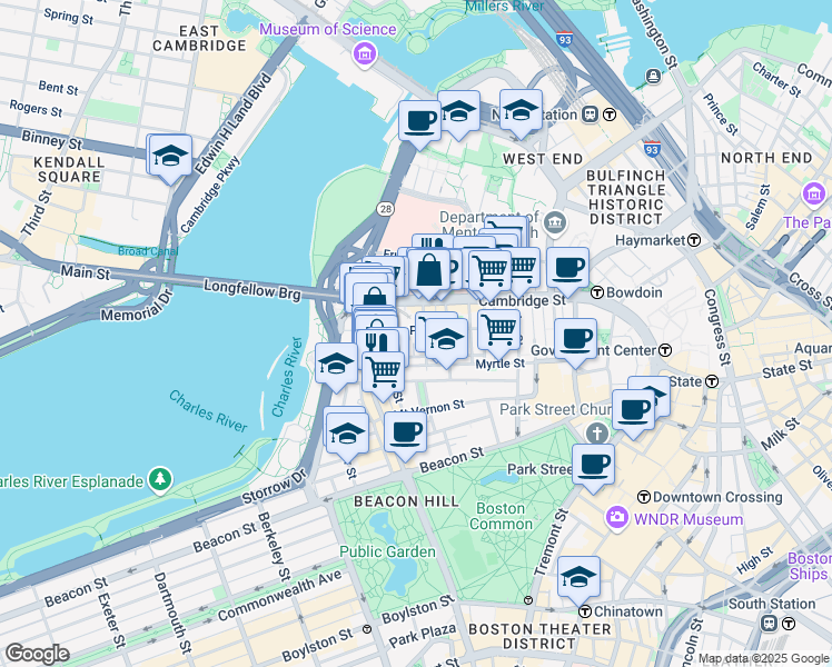 map of restaurants, bars, coffee shops, grocery stores, and more near 34 Grove Street in Boston