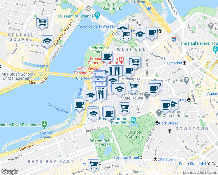 map of restaurants, bars, coffee shops, grocery stores, and more near 67 West Cedar Street in Boston