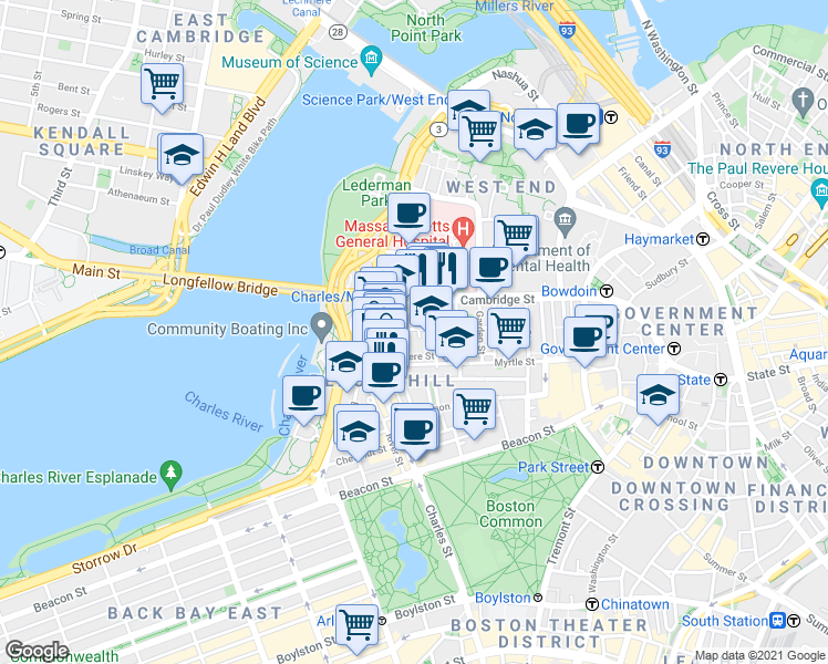 map of restaurants, bars, coffee shops, grocery stores, and more near 67 West Cedar Street in Boston
