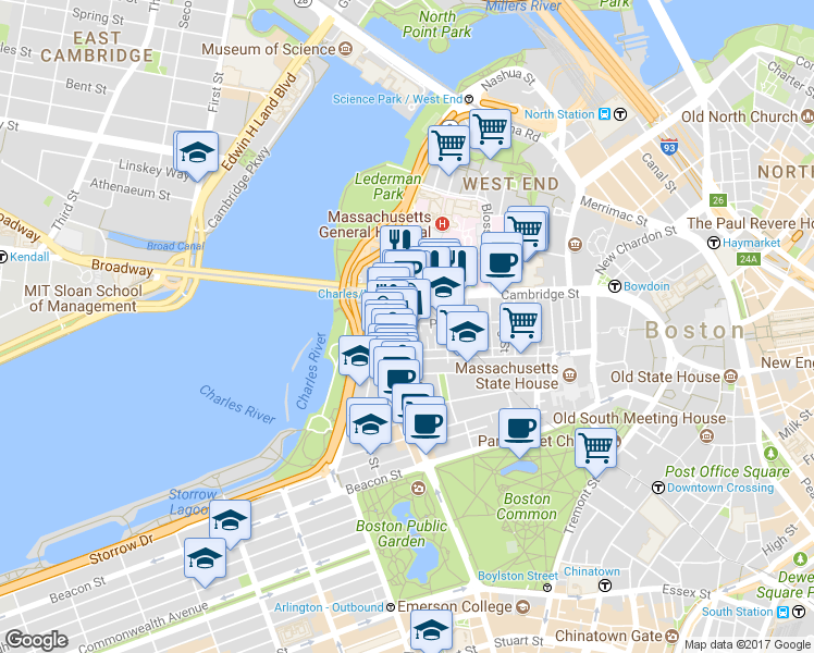 map of restaurants, bars, coffee shops, grocery stores, and more near 67 West Cedar Street in Boston