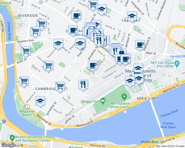 map of restaurants, bars, coffee shops, grocery stores, and more near 100 Sidney Street in Cambridge