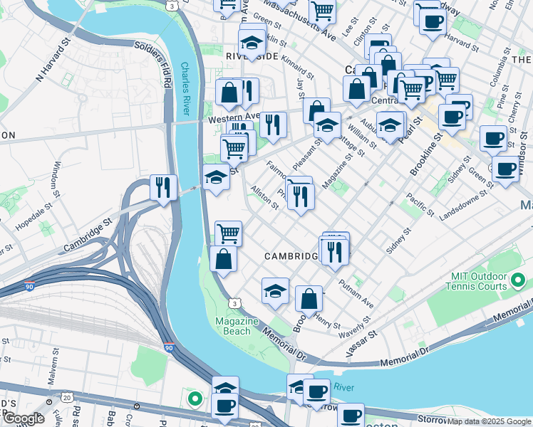 map of restaurants, bars, coffee shops, grocery stores, and more near 408-410 Putnam Avenue in Cambridge