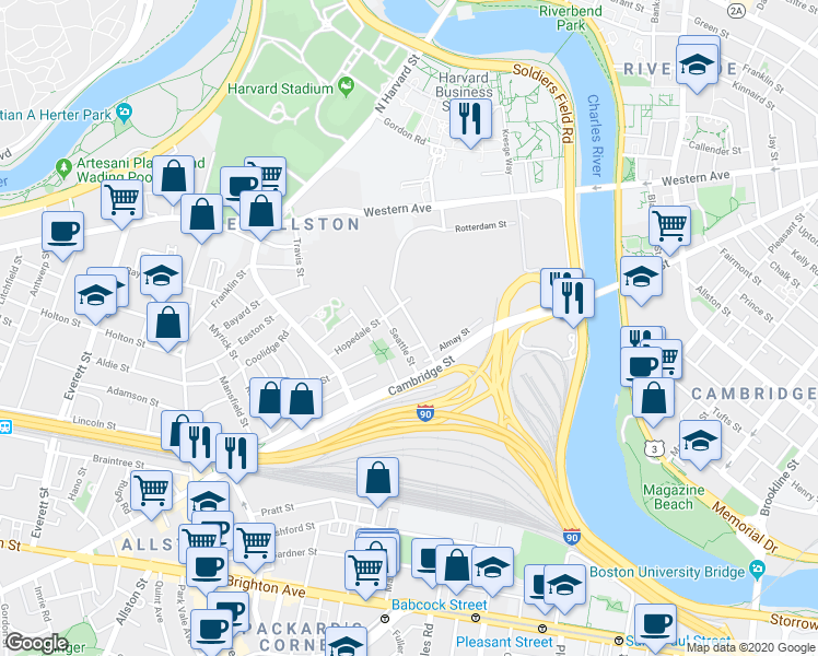 map of restaurants, bars, coffee shops, grocery stores, and more near 24 Windom Street in Boston