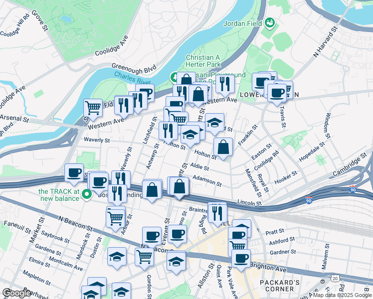 map of restaurants, bars, coffee shops, grocery stores, and more near 96 Holton Street in Boston