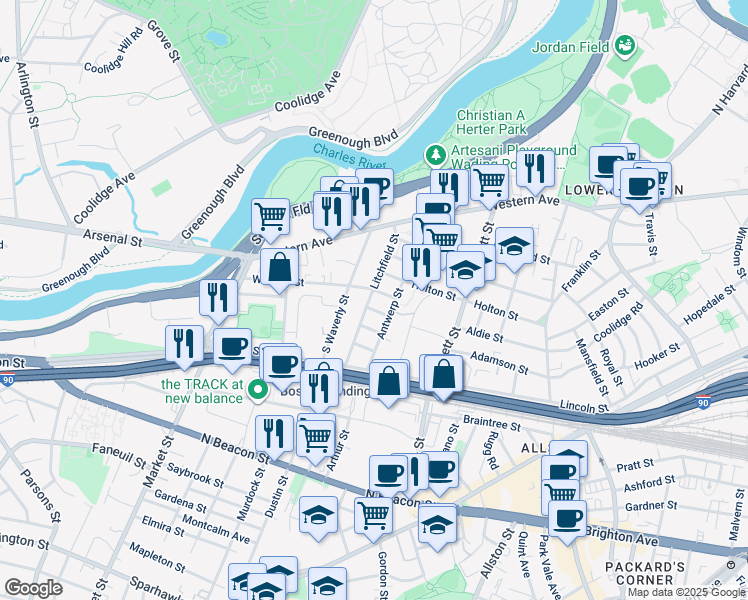 map of restaurants, bars, coffee shops, grocery stores, and more near 25 Duval Street in Boston