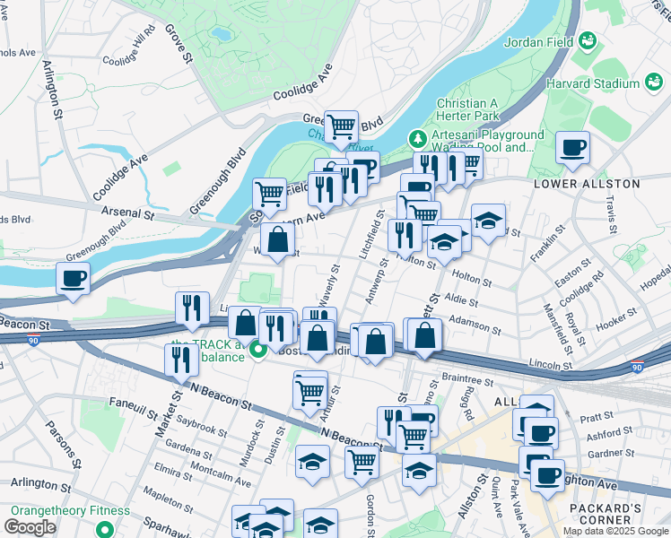 map of restaurants, bars, coffee shops, grocery stores, and more near 50 South Waverly Street in Boston